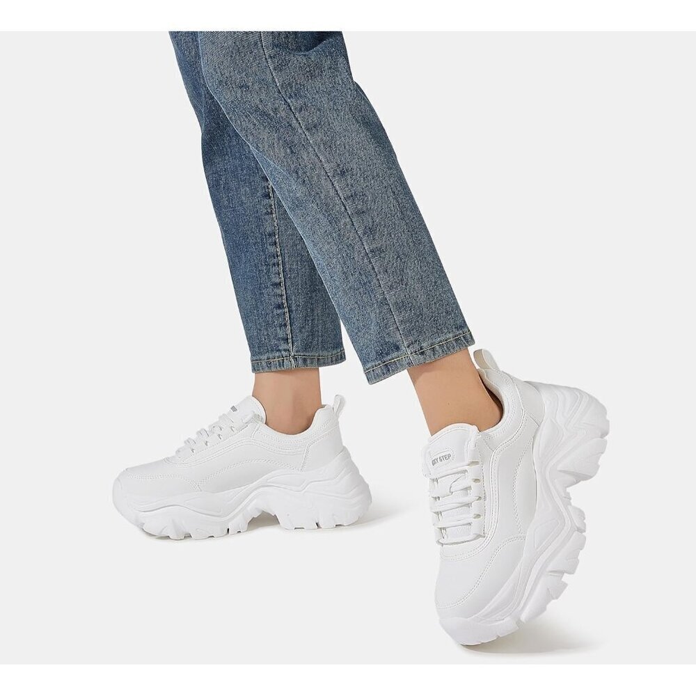 Brand New Women White Rubber LUCKY STEP Chunky Platform Lace-Up Walking Sneaker - Picture 8 of 9